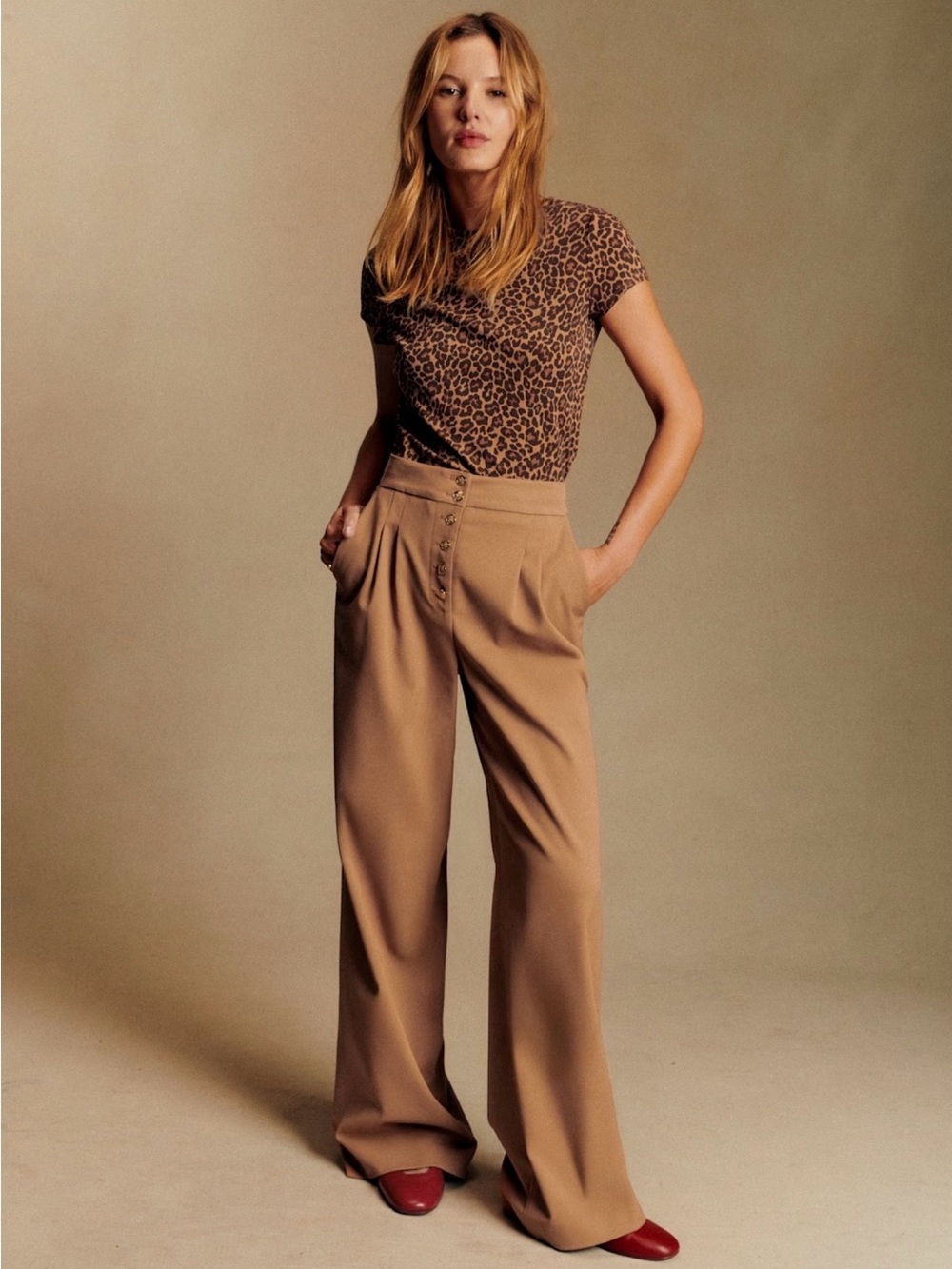 Sezane Wide-Leg High-Rise Pants in Camel